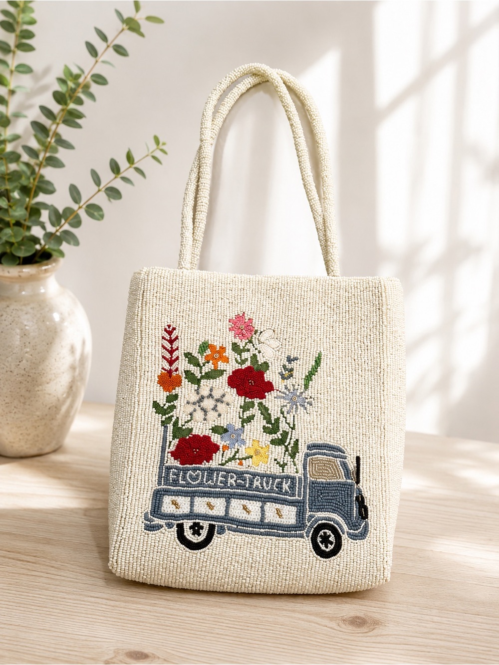 ✨ Handmade in India Beaded Flower Truck Tote ✨